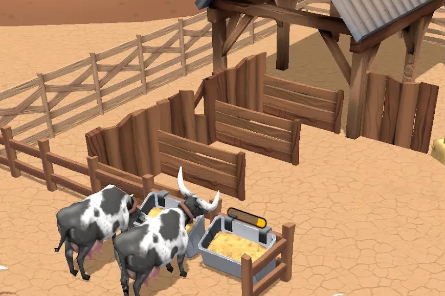 Butcher's Ranch: Homestead screenshot with longhorn cattle at a feed trough inside wooden corrals on dry prairie ground