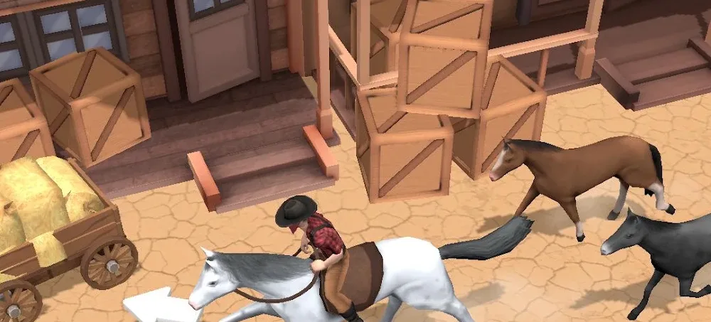 Butcher's Ranch: Homestead screenshot with a rider on a white horse crossing a frontier street past a hay wagon and wooden storefronts