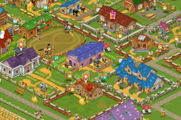 Horse Farm screenshot of a horse ranch with a round riding paddock, stables, fenced fields and a rider training