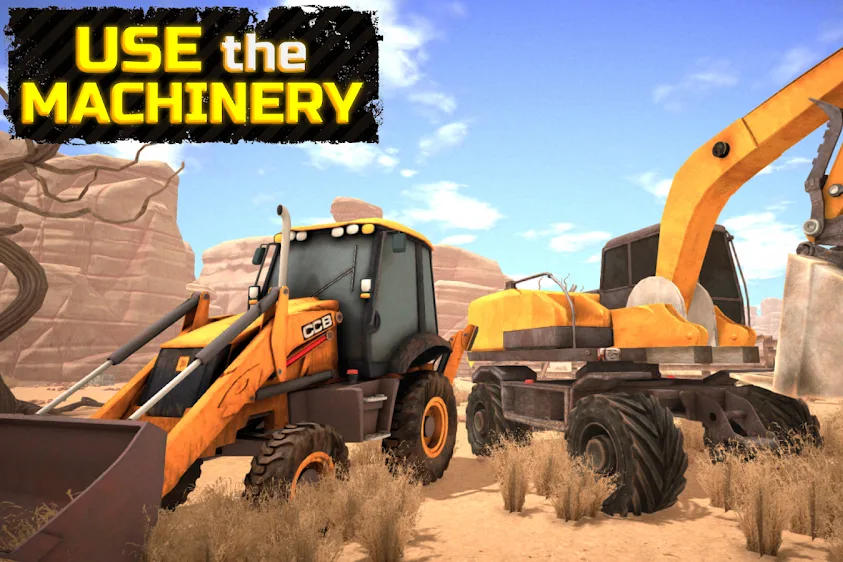 Gold Rush: Miner Simulator 3D screenshot with a wheel loader and an excavator standing on a claim under red canyon walls