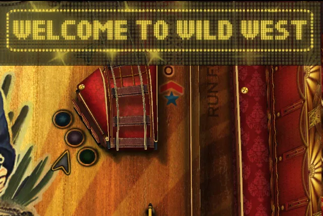 Wild West Pinball screenshot of a saloon-themed table with a cactus by the rail, red patterned side panels and a lit marquee reading Welcome to Wild West
